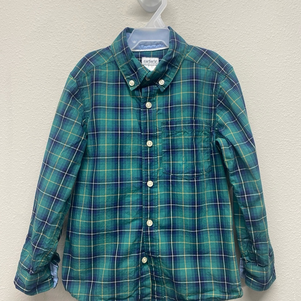 Carter's Plaid Button Up Shirt Boys Size 4 Blue Green Plaid Long Sleeve Collared